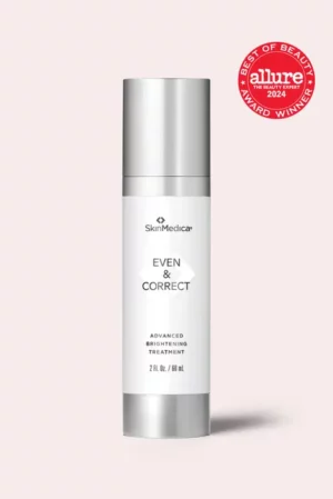 SkinMedica Even & Correct advanced brightening serum bottle on light background.
