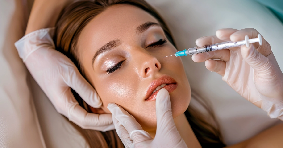 Facial injection procedure using a syringe and gloved hands, offered as Dermal Fillers in Grove City, Pickerington, and Columbus, OH.