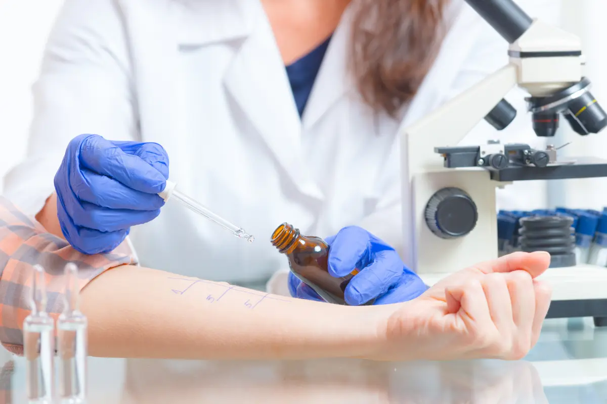 Allergy testing procedure on a patient's forearm in Grove City, Ohio