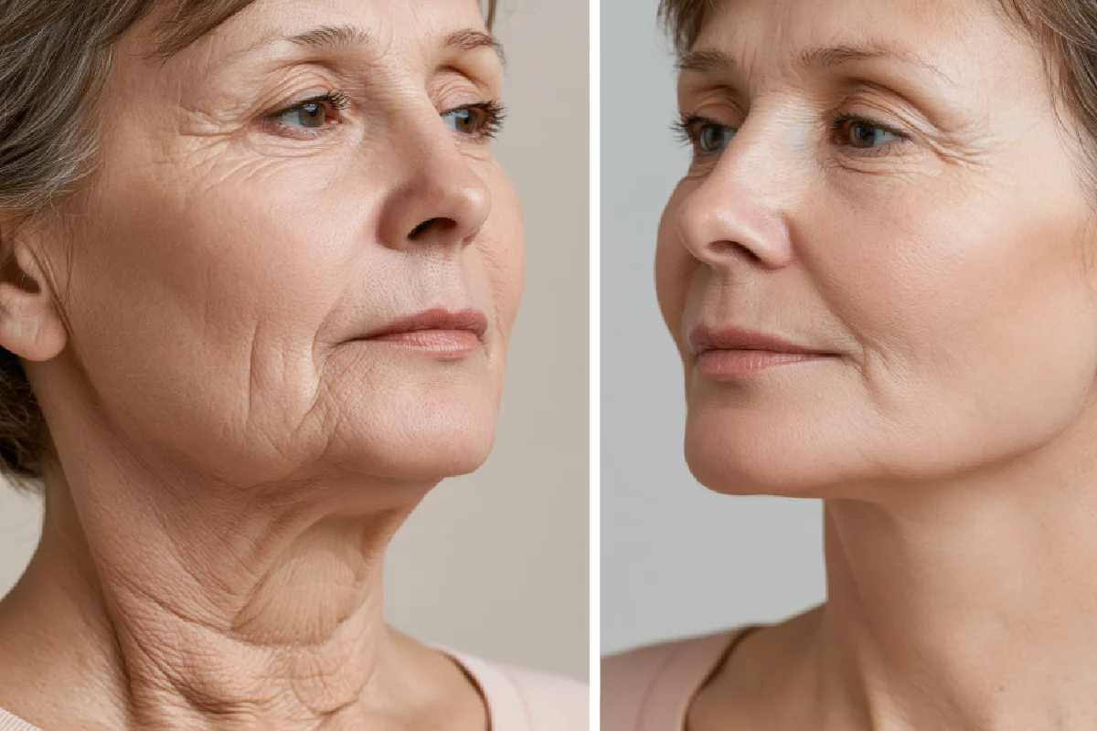 Before and after comparison of a woman showing improved jawline definition and firmer neck skin following a PDO Thread Lift, illustrating non-surgical treatment for sagging jowls and loose neck skin.